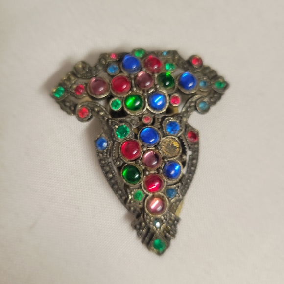 Vintage-Inspired Art Deco Multicolor Gemstone Clip  Brooch Unsigned - Picture 2 of 7